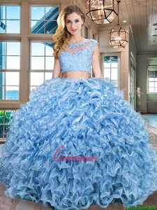 Best Selling Scoop Baby Blue Organza Zipper 15 Quinceanera Dress Cap Sleeves Floor Length Beading and Appliques and Ruffles