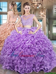 Latest Scoop Cap Sleeves Organza Sweet 16 Dresses Beading and Appliques and Ruffles Zipper