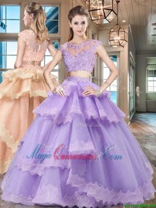 Adorable Lavender Scoop Zipper Beading and Lace and Appliques and Ruffled Layers Vestidos de Quinceanera Cap Sleeves