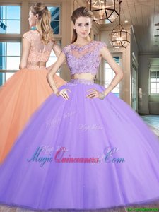 Enchanting Scoop Lavender Two Pieces Beading and Appliques Sweet 16 Quinceanera Dress Zipper Tulle Cap Sleeves Floor Length