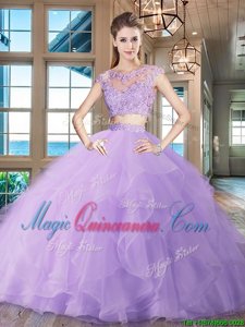Glittering With Train Lavender Quinceanera Dress Scoop Cap Sleeves Brush Train Zipper