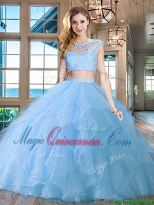 Attractive Scoop Light Blue Cap Sleeves Brush Train Beading and Appliques and Ruffles With Train Quinceanera Gowns