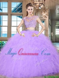 Delicate Lavender Zipper Scoop Beading and Appliques and Ruffles 15th Birthday Dress Tulle Cap Sleeves