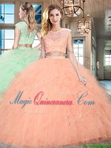 Amazing Peach Two Pieces Scoop Cap Sleeves Tulle Floor Length Zipper Beading and Ruffles Sweet 16 Dresses