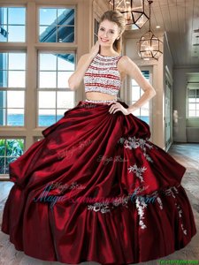 Wine Red Taffeta Backless Scoop Sleeveless Floor Length Sweet 16 Quinceanera Dress Beading and Appliques and Pick Ups