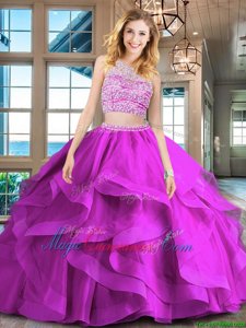 Fuchsia Scoop Backless Beading and Ruffles Sweet 16 Quinceanera Dress Brush Train Sleeveless