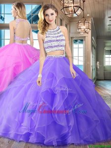 Brush Train Two Pieces Sweet 16 Dress Lavender Scoop Organza Sleeveless With Train Backless