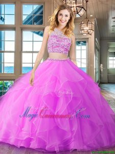 Smart Scoop Sleeveless Organza Ball Gown Prom Dress Beading and Ruffles Brush Train Backless