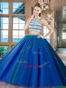 Fine Royal Blue Backless Scoop Beading Quinceanera Gown Tulle Sleeveless