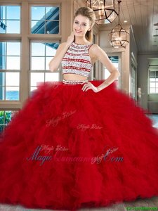 Colorful Scoop Backless With Train Red Vestidos de Quinceanera Tulle Brush Train Sleeveless Beading and Ruffles