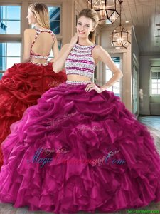 Dramatic Scoop Pick Ups Floor Length Two Pieces Sleeveless Fuchsia 15th Birthday Dress Backless