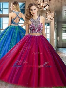 Criss Cross Scoop Sleeveless Ball Gown Prom Dress Floor Length Beading Fuchsia Tulle