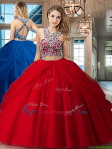 Scoop Sleeveless Tulle Floor Length Criss Cross Quinceanera Gown in Red for with Beading and Pick Ups