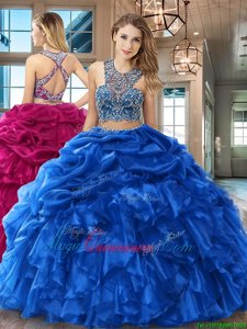 Royal Blue Criss Cross Scoop Beading and Ruffles and Pick Ups Vestidos de Quinceanera Organza Sleeveless