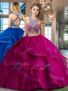 Pretty Fuchsia Sweet 16 Dress Military Ball and Sweet 16 and Quinceanera and For with Beading and Ruffles Scoop Sleeveless Brush Train Criss Cross