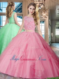 Sleeveless With Train Lace and Ruffles Lace Up Quinceanera Gown with Rose Pink Brush Train