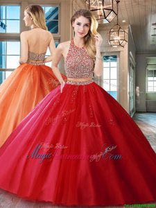 Brush Train Two Pieces Quinceanera Gown Red Halter Top Tulle Sleeveless With Train Backless