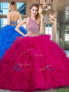 With Train Fuchsia 15th Birthday Dress Halter Top Sleeveless Brush Train Backless