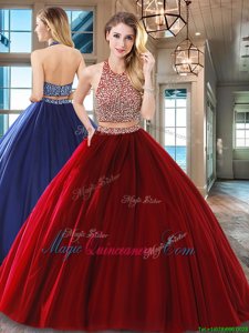 Wine Red Halter Top Backless Beading Sweet 16 Dress Sleeveless