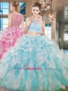 Custom Fit Aqua Blue Two Pieces Beading and Ruffles Quinceanera Dress Side Zipper Organza Sleeveless Floor Length