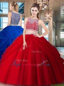 Pick Ups Two Pieces Ball Gown Prom Dress Red Bateau Tulle Sleeveless Floor Length Side Zipper
