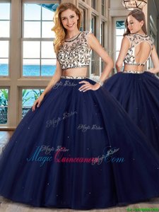 Beauteous Tulle Scoop Cap Sleeves Brush Train Backless Beading Sweet 16 Dresses in Navy Blue