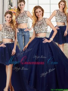 Four Piece Backless Scoop Cap Sleeves Quinceanera Gown With Brush Train Beading Navy Blue Tulle