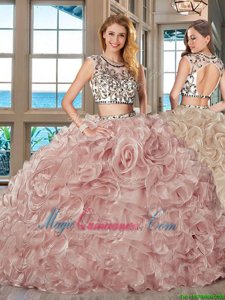 Scoop Cap Sleeves With Train Beading and Ruffles Backless Sweet 16 Dress with Pink Brush Train