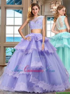 Luxurious Lavender Cap Sleeves Floor Length Lace and Appliques and Ruffled Layers Zipper Quinceanera Dresses