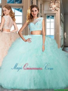 New Arrival Aqua Blue Zipper Bateau Appliques and Ruffles Quinceanera Gowns Tulle Cap Sleeves