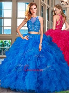 Scoop Beading and Ruffles Sweet 16 Quinceanera Dress Blue Zipper Sleeveless Floor Length