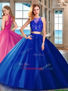Stylish Royal Blue Zipper Scoop Appliques Quinceanera Dress Tulle Sleeveless