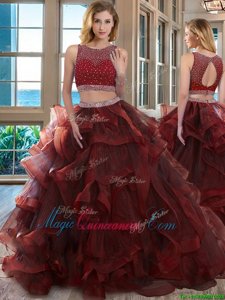 Luxurious Scoop Sleeveless Backless 15 Quinceanera Dress Burgundy Organza