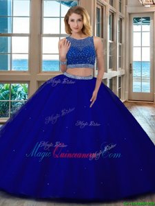 New Arrival Scoop Backless Royal Blue Sleeveless Beading Floor Length Vestidos de Quinceanera