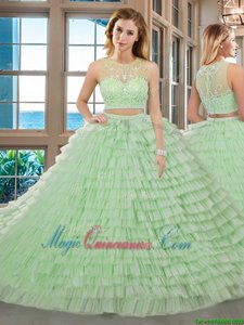 Yellow Green Two Pieces Tulle Scoop Sleeveless Beading and Ruffled Layers Floor Length Zipper Quinceanera Dress