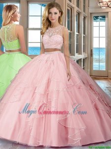 High End Two Pieces Quinceanera Gowns Baby Pink Scoop Tulle Sleeveless Floor Length Zipper