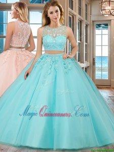 Romantic Aqua Blue Scoop Zipper Beading and Appliques 15th Birthday Dress Sleeveless