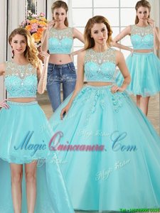 Four Piece Scoop Aqua Blue Sleeveless Floor Length Beading and Appliques Zipper Vestidos de Quinceanera