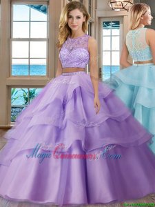Scoop Lavender Sleeveless Beading and Appliques and Ruffled Layers Floor Length Ball Gown Prom Dress