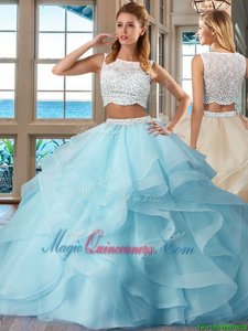 Light Blue Side Zipper Bateau Beading and Ruffles Vestidos de Quinceanera Organza Sleeveless
