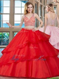 Fine Red Quince Ball Gowns Military Ball and Sweet 16 and Quinceanera and For with Beading V-neck Sleeveless Brush Train Zipper