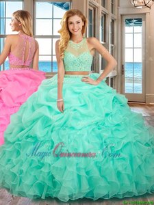 Hot Selling Apple Green Sleeveless Organza Lace Up Quinceanera Dresses for Military Ball and Sweet 16 and Quinceanera