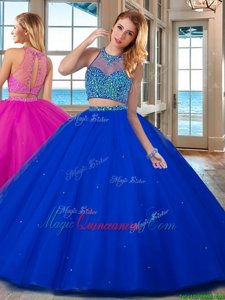 Beading Vestidos de Quinceanera Royal Blue Lace Up Sleeveless Floor Length