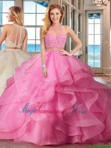 Unique High-neck Sleeveless Organza Quinceanera Gown Beading and Ruffles Brush Train Lace Up