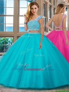 Fine Aqua Blue Tulle Backless Scoop Cap Sleeves Floor Length Sweet 16 Dresses Beading and Ruffles