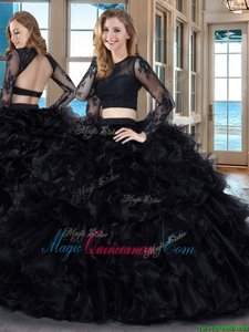 Super Two Pieces Ball Gown Prom Dress Black Scoop Organza Long Sleeves Floor Length Backless