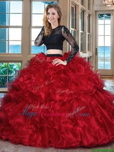 Sophisticated Backless Scoop Long Sleeves Quinceanera Gown Floor Length Ruffles Black and Red Organza