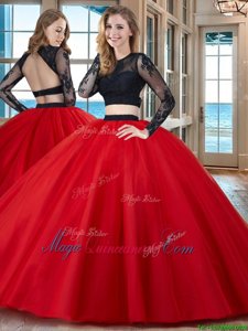 Red Two Pieces Scoop Long Sleeves Tulle Floor Length Backless Appliques 15 Quinceanera Dress
