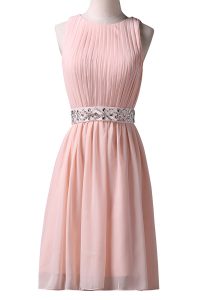 Scoop Sleeveless Chiffon Knee Length Lace Up Mother Of The Bride Dress in Pink with Beading