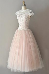 Pink A-line Bateau Cap Sleeves Tulle Knee Length Zipper Lace Mother Of The Bride Dress